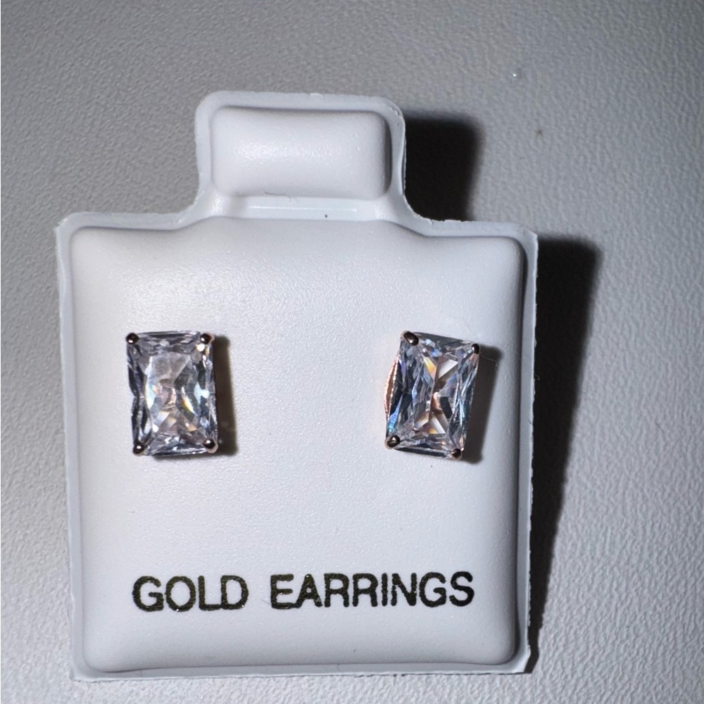 NEW 10K Rose Gold  Lab White Topaz Emerald Cut Stud Earrings